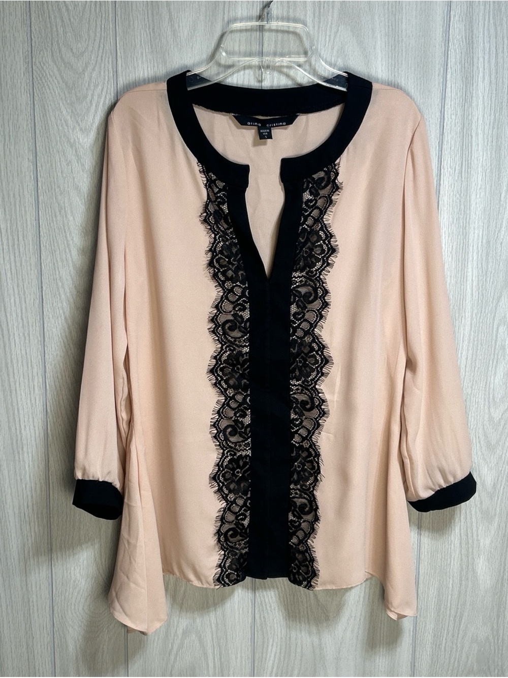 Atina Cristina Semi Sheer 3/4 Sleeve Peach blouse With Black Lace Size Small